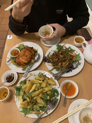 Duck with plum sauce, Mongolian ‘beef’ and fried eggplant with basil 💚💚 at Tian Ci Vegan in Darlington