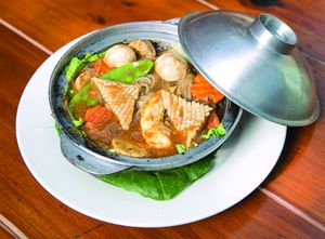 Veggie Seafood and Clear Noodle Hot Pot with BBQ Sauce at Tian Ci Vegan in Darlington