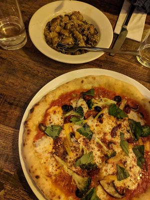 Truffle gnocchi and pizza at Plant Club in North London