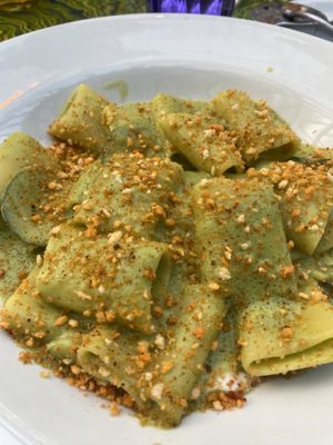 Pea sauce and courgette pasta   at Plant Club in North London