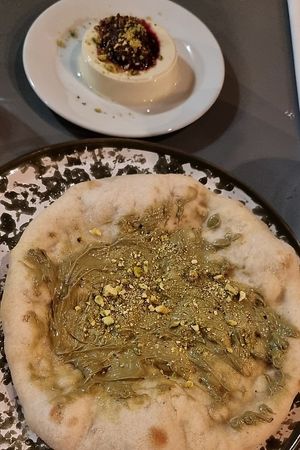 Panna cotta + Pistachio pizza at Plant Club in North London