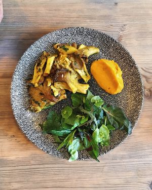 Oyster mushroom (normally grilled but we had it cooked differently), sichuan squash purée, bitter cress and umeboshi at Plant Club in North London