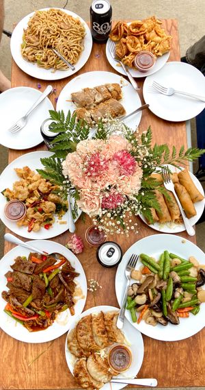 takeout spread at our back yard at Golden Lotus Vegan Restaurant in Oakland