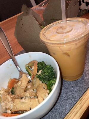 ginger soy chicken and thai iced tea  at Golden Lotus Vegan Restaurant in Oakland