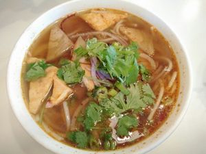 spicy ";chicken"; noodles at Golden Lotus Vegan Restaurant in Oakland
