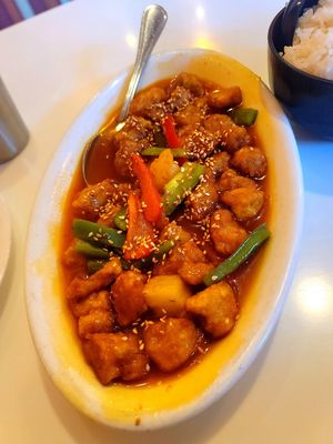 Sweet & sour soy chicken (current favorite) at Golden Lotus Vegan Restaurant in Oakland