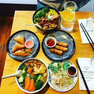 Phô, laksa, spring rolls and curry puffs  at Golden Lotus Vegan Restaurant in Oakland