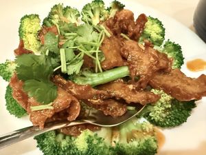 Vegan chicken with broccoli   at Golden Lotus Vegan Restaurant in Oakland