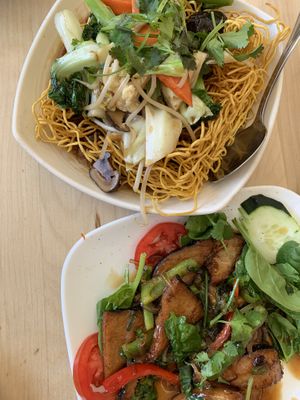Crispy Chow Mien and Terriyaki Fish 🐟  at Golden Lotus Vegan Restaurant in Oakland