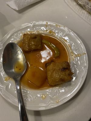 Sweet and sour chicken, so good I forgot to take a picture before we ate it  at Golden Lotus Vegan Restaurant in Oakland