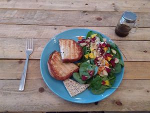 Grilled cheese with salad. at Ô Village in Quebec