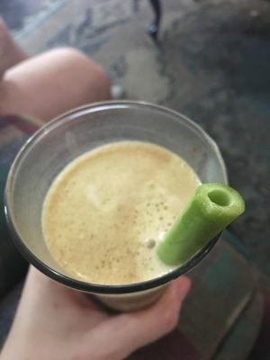 Nice soy milk based fruit and chocolate ice cream and ice coffee with eco papaya straws! at Cafe 82 in Galle