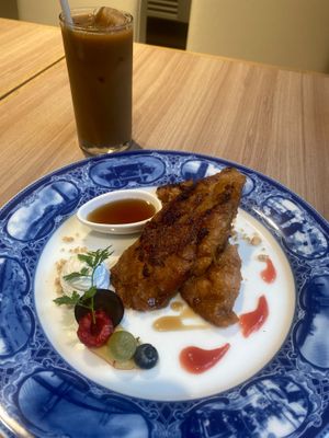 french toast and iced coffee with soymilk at M's Table in Yokohama