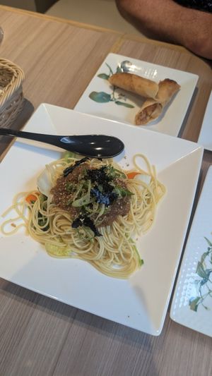 Soupless DanDan noodles with beautiful veggies!! And the yummiest crispy spring rolls!! at M's Table in Yokohama