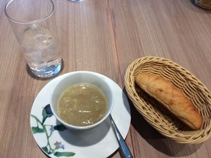 Even the simple onion and celery soup was delicious. Vegan mini baguette. at M's Table in Yokohama