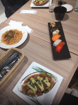 Lasagna, bolognese (I think), sushi  at M's Table in Yokohama
