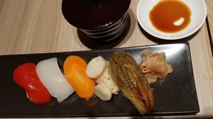 Vegetable sushi (served with soup and soy sauce) at M's Table in Yokohama
