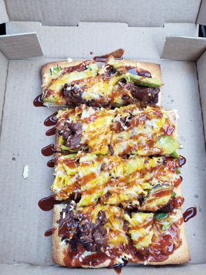 BBQ jackfruit flatbread. I added avocado for an additional charge at Blondie's in Flint