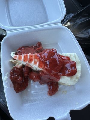 Vegan cheesecake with cherry and strawberry 🍓 topping… 😻   at Blondie's in Flint