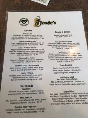 Brand new vegan menu. Spoiler alert, it’s two sided!  at Blondie's in Flint