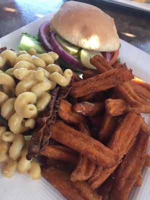 Ultimate Mac & Cheese Burger with sweet potato fries  at Blondie's in Flint