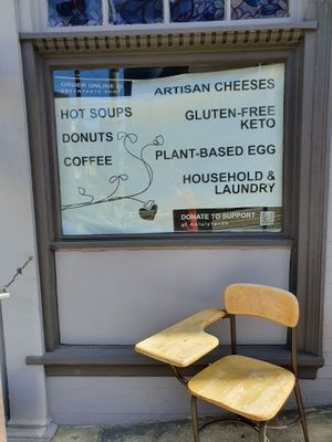 School desk to eat at 🙂 at Green Taste Vegan Goods in San Francisco