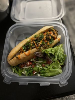Jackfruit steak bomb and side salad at Juuuicy's Vegan Restaurant & Mama's Vegan Cocina in West Palm Beach