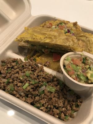 vegan dominican tostones (fried plantains) with vegan ground beef, guac  - so delicious at Juuuicy's Vegan Restaurant & Mama's Vegan Cocina in West Palm Beach