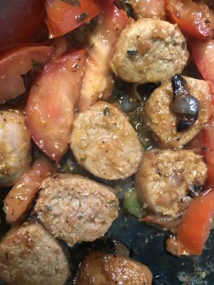 vegan sausage meals with mofongo dominicano  at Juuuicy's Vegan Restaurant & Mama's Vegan Cocina in West Palm Beach