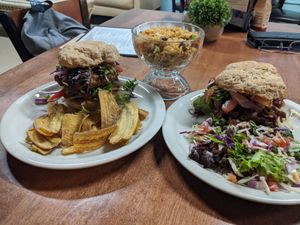 Rosy's burger and the BBQ burger (right) at Juuuicy's Vegan Restaurant & Mama's Vegan Cocina in West Palm Beach