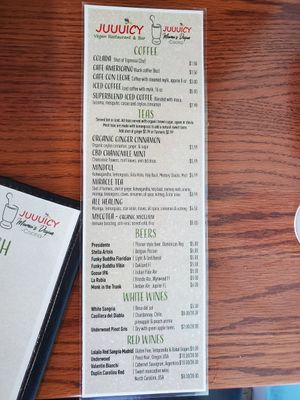 Drink menu at Juuuicy's Vegan Restaurant & Mama's Vegan Cocina in West Palm Beach