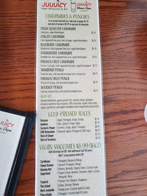 Drink menu at Juuuicy's Vegan Restaurant & Mama's Vegan Cocina in West Palm Beach