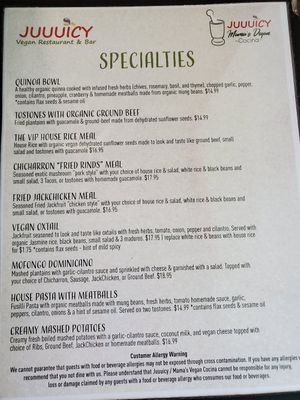 Menu at Juuuicy's Vegan Restaurant & Mama's Vegan Cocina in West Palm Beach