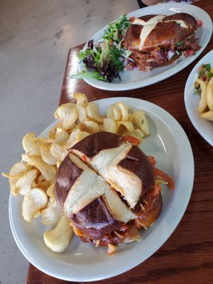 BBQ burger and burger with chili sauce at Juuuicy's Vegan Restaurant & Mama's Vegan Cocina in West Palm Beach