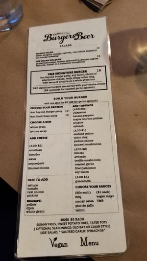 Vegan menu at Brooklyn Burgers & Beer in Brooklyn