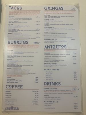 Menu  at Pastor Tacos in Copenhagen