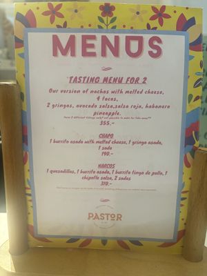 Menu  at Pastor Tacos in Copenhagen