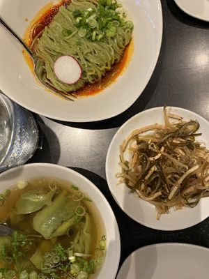 vegan wonton soup, spicy noodles, and the seaweed bean curd app!  at Din Tai Fung in Glendale