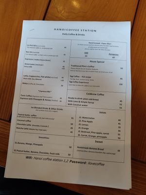 Drinks menu at Hanoi Coffee Station in Hanoi