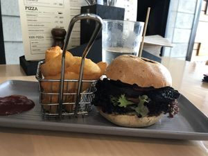 Beer battered fries and burger (made vegan) at Monteiths in Greymouth