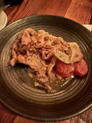 Leek ‘pasta’ and mushroom cream sauce with black walnuts at Forage in Cambridge