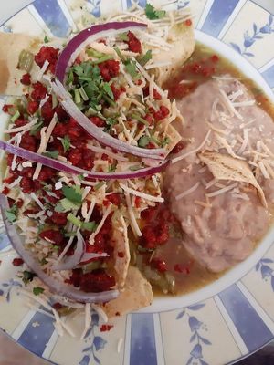 Chilaquiles verdes con nopales y chorizo de soya at Panza Llena Corazón Contento in San Jose Del Cabo