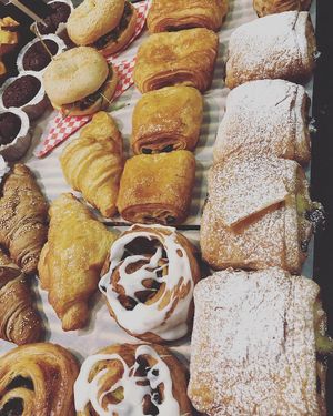 A variety of vegan pastry’s! Delicious croissants, with chocolate, raisins, pudding, ... at Croissy in Deinze