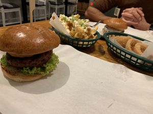 Surf and Turf Burger. Garlic Fries. Onion Rings. The Hot burger. Biscoff Milkshake and Peanut Butter milkshake👍🏻👍🏻👍🏻 at Kibae (Formerly Plant Hustler) in Poole