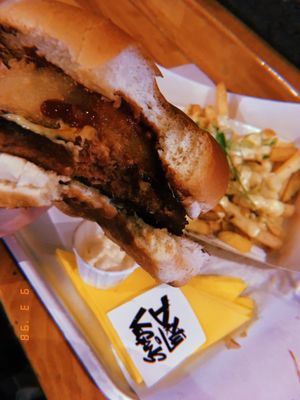 Dirty bbq butter upgraded to the beyond party, garlic fries and side of mayo.  The burger was so tasty, jumbo rings and the mouth watering melted cheese was to die for. at Kibae (Formerly Plant Hustler) in Poole