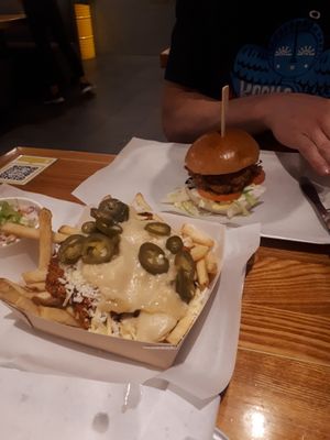 Chicken burger and chilli cheese fries at Kibae (Formerly Plant Hustler) in Poole