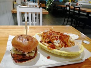 Poutine fries and Dirty Jack burger  at Kibae (Formerly Plant Hustler) in Poole