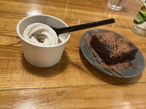 Chocolate brownie and ice cream  at Kibae (Formerly Plant Hustler) in Poole