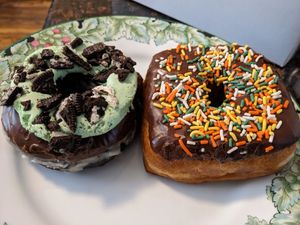 Mint chocolate cookies & cream, chocolate sprinkles at The Vegan Doughnut Company in Lakewood
