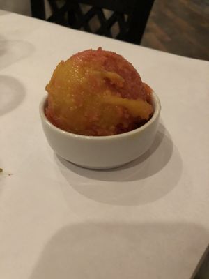 Strawberry, passion fruit, peach sorbet! Amazing! at Casa Terra in Glendale